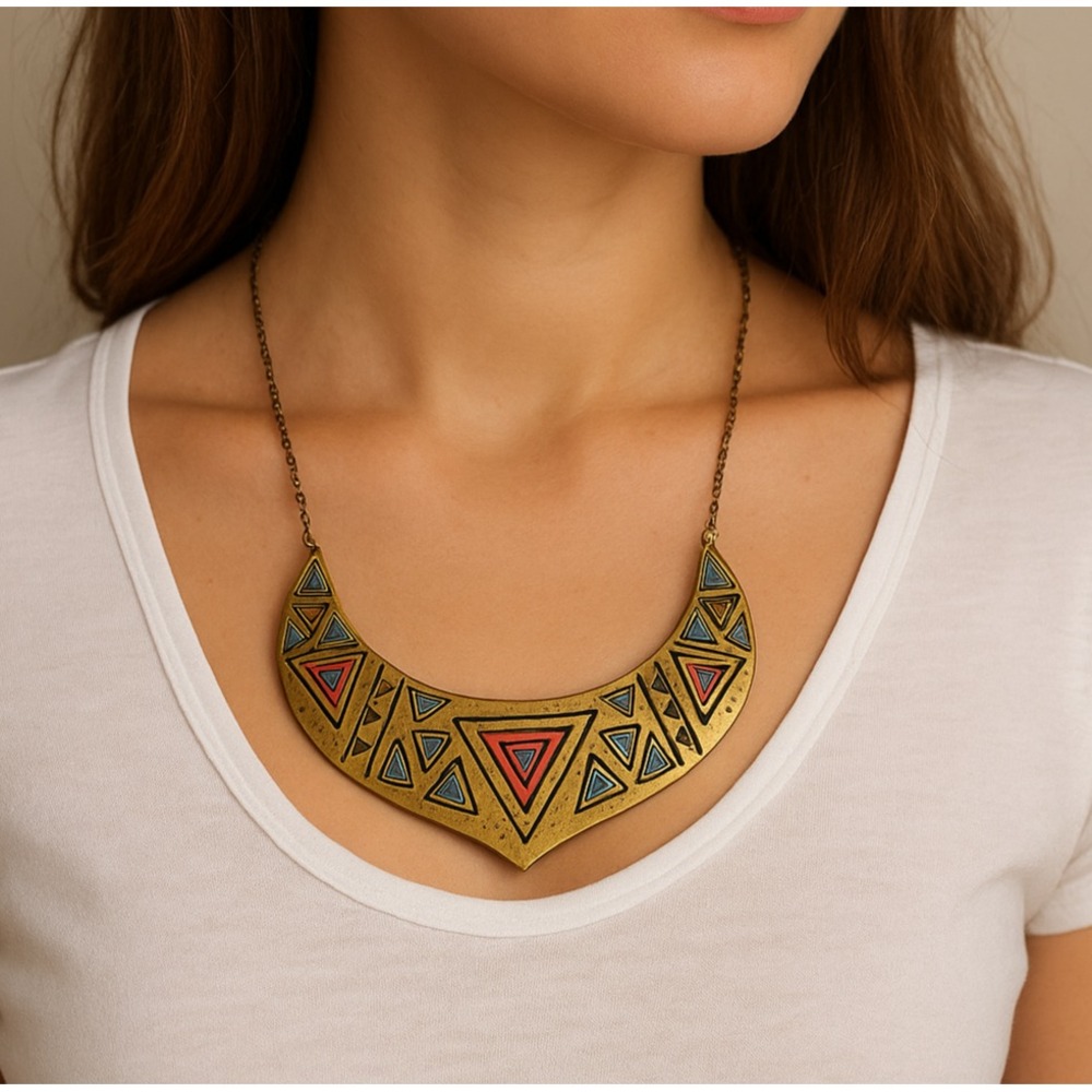 Boho Tribal Statement Bib Necklace Hammered‎ Brass Gold Tone Geometric Pink Blue